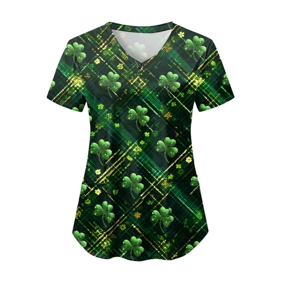 GEWSEY St Patricks Day Scrub Tops Women V-Neck Short Sleeve Holiday Themed Iirish Shamrock Scrubs (Army Green, M)