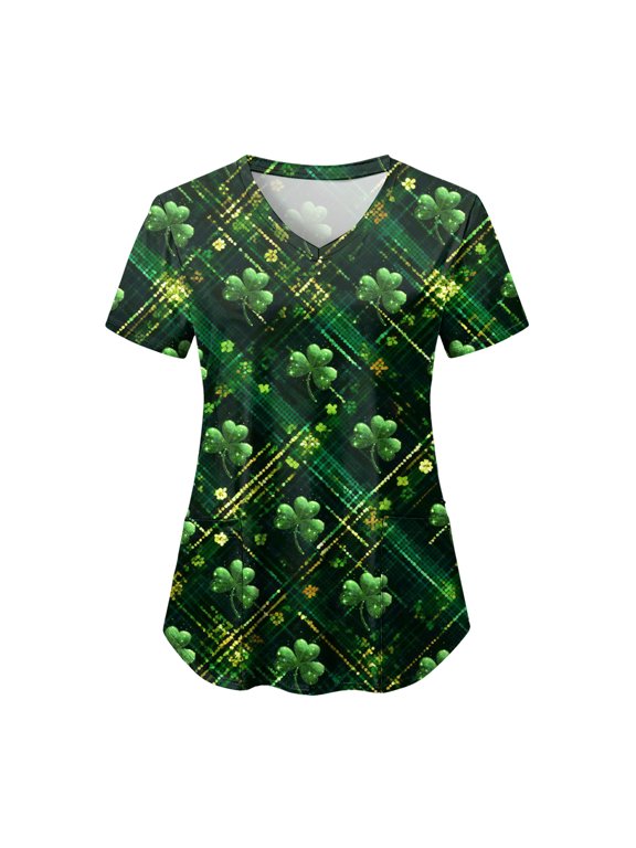 St Patricks Day Scrub Tops Women V-Neck Short Sleeve Holiday Themed Iirish Shamrock Scrubs (Army Green, M)