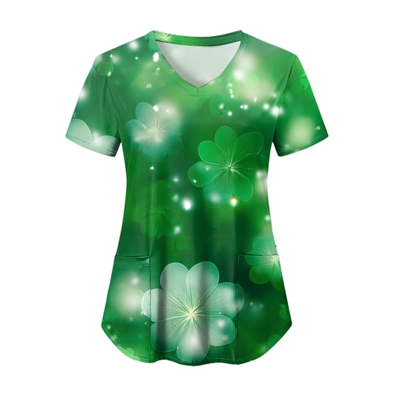 GEWSEY St Patricks Day Scrub Tops Women V-Neck Short Sleeve Holiday Themed Iirish Shamrock Scrubs (Light Green, M)