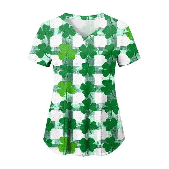 GEWSEY St Patricks Day Scrub Tops for Women Short Sleeve V Neck Scrubs Lucky Shamrock Print Plus Size Medical Uniform Shirts (Mint Green, XXL)
