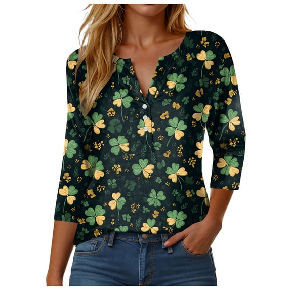 GEWSEY St Patricks Day Shirt Women Sequin Shamrock Graphic Tees Irish Crewneck 3/4 Sleeve Shirts Funny Saint Pattys Outfits (Black, M)