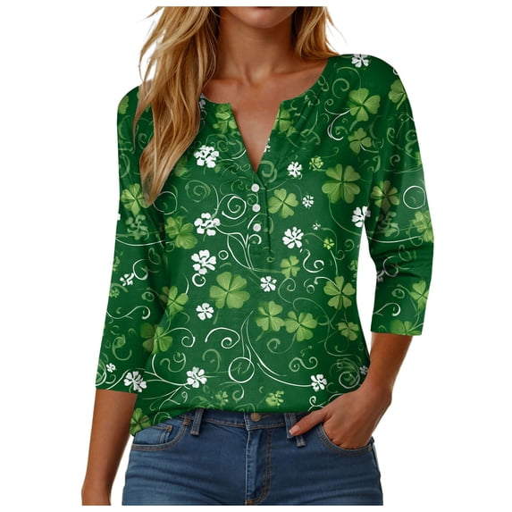 GEWSEY St Patricks Day Shirt Women Sequin Shamrock Graphic Tees Irish Crewneck 3/4 Sleeve Shirts Funny Saint Pattys Outfits (Dark Green, S)