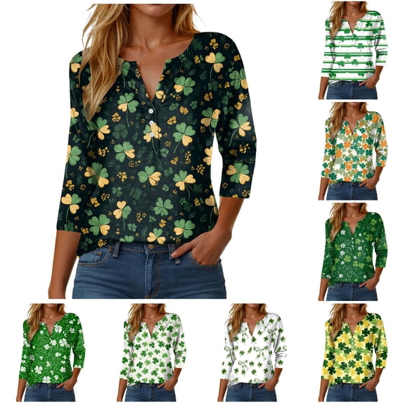 GEWSEY St Patricks Day Shirt Women Sequin Shamrock Graphic Tees Irish Crewneck 3/4 Sleeve Shirts Funny Saint Pattys Outfits (Light Yellow, L)