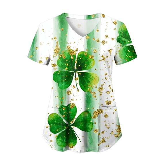 GEWSEY St Patricks Day Shirt Women Shamrocks Printed V Neck Short Sleeve Nursing Uniform Scrubs Shirts with Pockets (Gold, L)