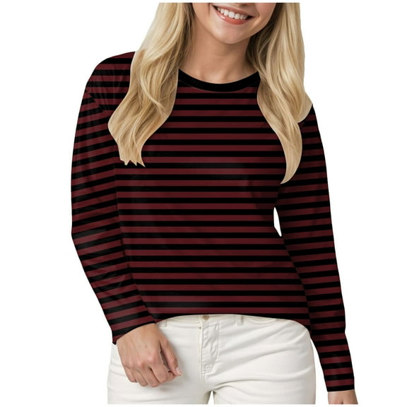 GEWSEY Striped Shirt Women Long Sleeve Shirts for Women 2025 Boat Neck Casual Basic Tshirt Fall Tops Fitted Ladies Blouses (Brick Red, L)