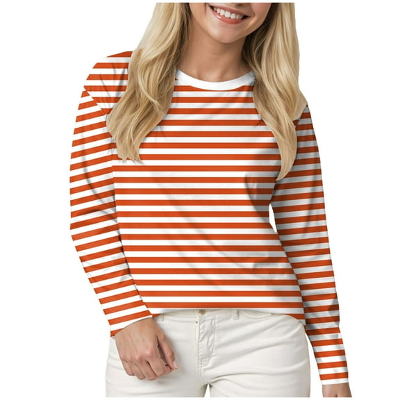GEWSEY Striped Shirt Women Long Sleeve Shirts for Women 2025 Boat Neck Casual Basic Tshirt Fall Tops Fitted Ladies Blouses (Orange, L)