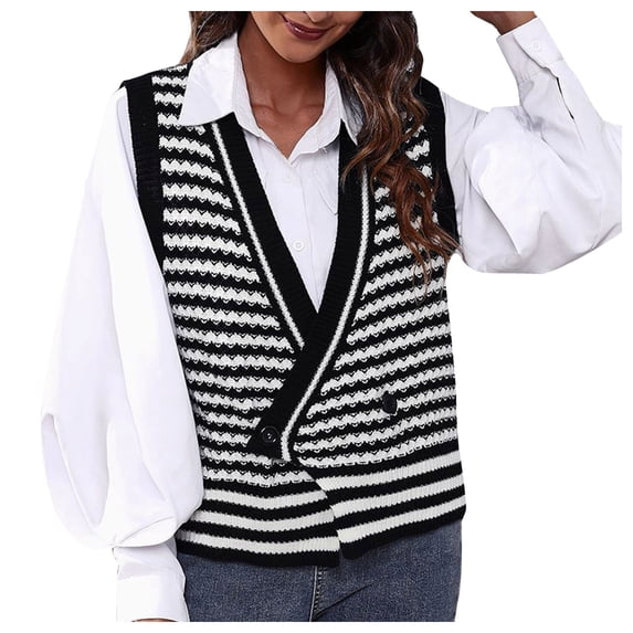 GEWSEY Striped Sweater Vest for Women Sleeveless Deep V Neck Knitted Tops Casual Button Up Crochet Knitwear (Black, S)
