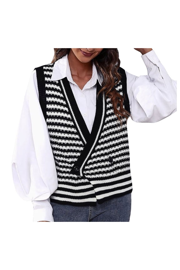 Striped Sweater Vest for Women Sleeveless Deep V Neck Knitted Tops Casual Button Up Crochet Knitwear (Black, S)