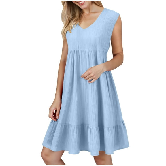 GEWSEY Summer Dress for Women Ruffle Cap Sleeve Pleated V Neck Dress Tiered Swing A Line Mini Dress (Light Blue, XXL)