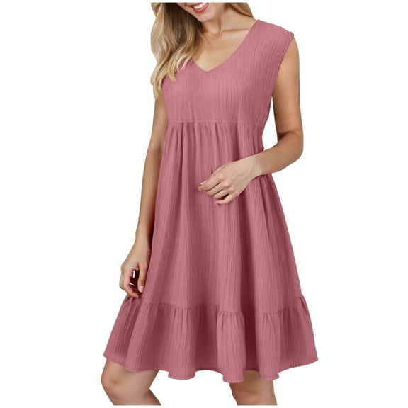 GEWSEY Summer Dress for Women Ruffle Cap Sleeve Pleated V Neck Dress Tiered Swing A Line Babydoll Mini Dress (Pink, M)
