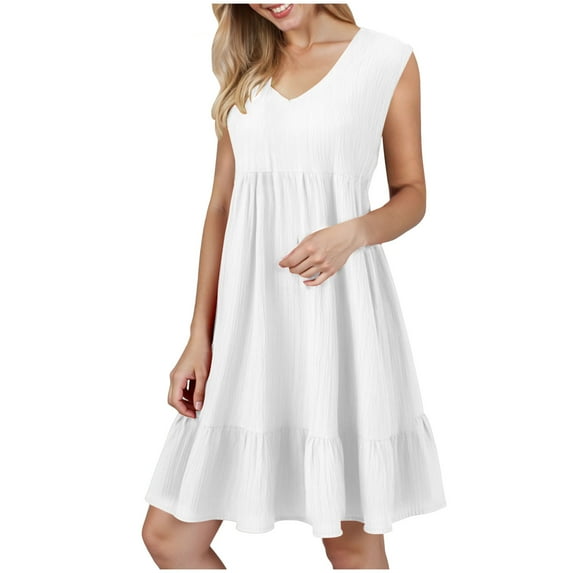 GEWSEY Summer Dress for Women Ruffle Cap Sleeve Pleated V Neck Dress Tiered Swing A Line Babydoll Mini Dress (White, XL)