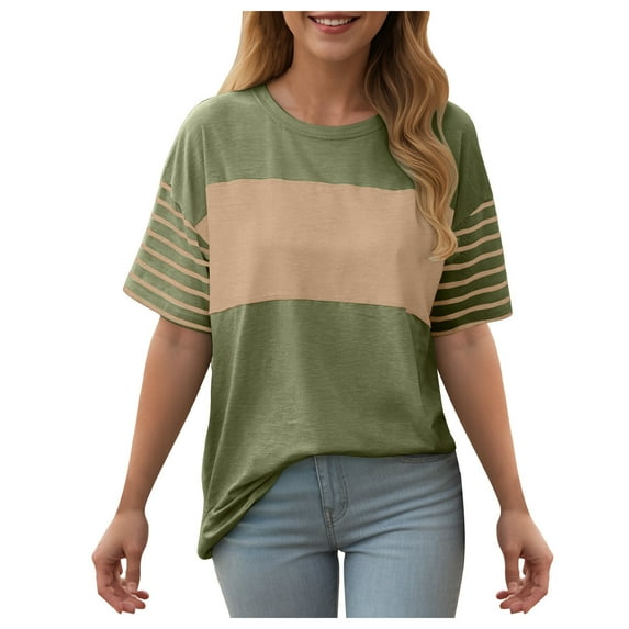 GEWSEY Summer Tops Trendy Oversized 2025 Crewneck Casual Color Block Striped Womens Shirts Blouses (Army Green, XXL)