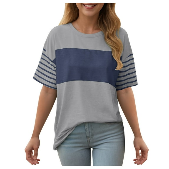 GEWSEY Summer Tops Trendy Oversized 2025 Crewneck Casual Color Block Striped Womens Shirts Blouses (Dark Gray, S)