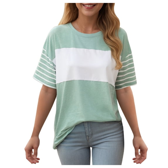 GEWSEY Summer Tops Trendy Oversized 2025 Crewneck Casual Color Block Striped Womens Shirts Blouses (Light Green, M)