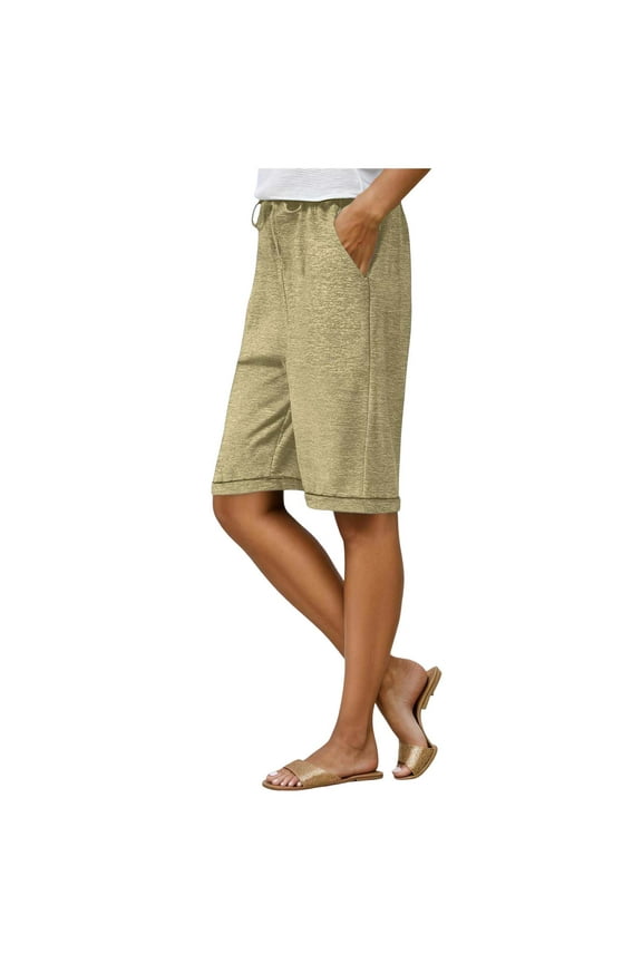 Sweat Shorts with Pockets for Women 10" Athletic Lounge Sports 3/4 Length Pants Workout Drawstring Bermuda Knee Shorts (Khaki, XL)