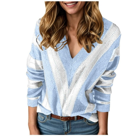 GEWSEY Sweaters for Women 2025 Long Sleeve Striped Knitted V Neck Pullover Jumper Tops Fall Outfits Fashion Clothing (Light Blue, M)