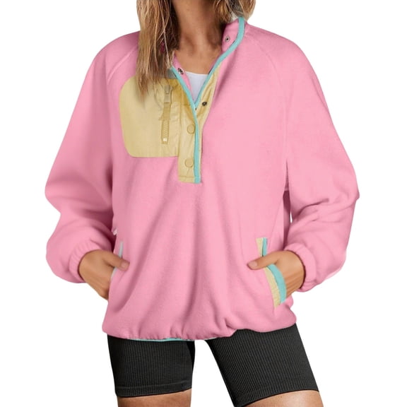 GEWSEY Sweatshirt for Women Oversized Fuzzy Fleece Jacket Color Block Button Long Sleeve Pullover Sherpa Sweatshirts Tops (Red, XXL)