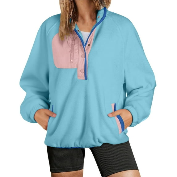 GEWSEY Sweatshirt for Women Oversized Fuzzy Fleece Jacket Color Block Button Long Sleeve Pullover Sherpa Sweatshirts Tops (Sky Blue, S)
