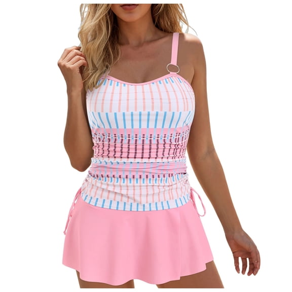 GEWSEY Tankini Plus Size Swimsuits for Women Tummy Control Two Piece Modest Bathing Suits Floral Skirt Top with Skirt (Pink, 5XL)