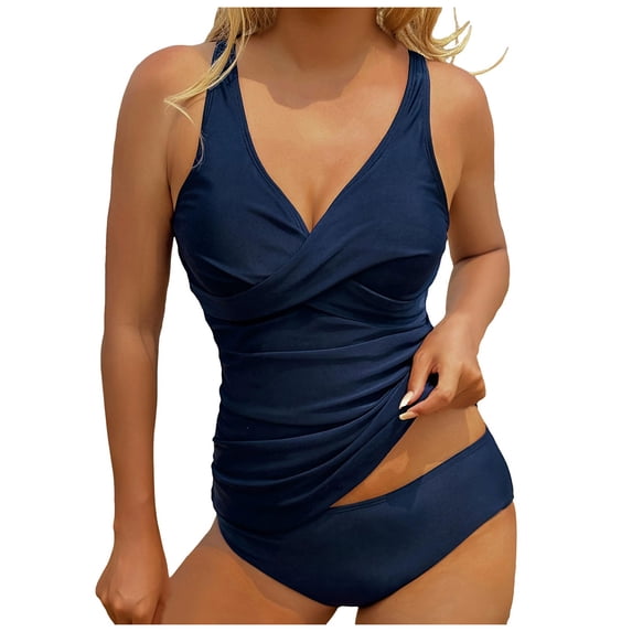GEWSEY Tankini Swimsuits for Women Tummy Control Bathing Suits Two Piece Tankini Tops with Bikini Bottoms Twist Swimwear (Navy, S)