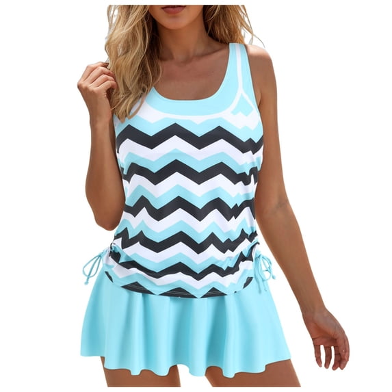 GEWSEY Tankini Swimsuits for Women Two Piece Tummy Control Bathing Suit with Skirt Striped Vintage Swimdress (Light Blue, XXL)