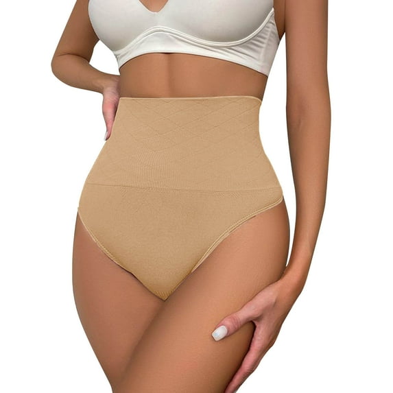 GEWSEY Thong Shapewear Tummy Control for Women High Waisted Stay-Put Body Shaper Girdle Compression Shapewear Thong (Khaki, XL)
