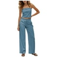 thumbnail image 1 of GEWSEY Womens Striped Pant Sets 2 Piece Strapless Tube Top and Wide Leg Pants Summer Casual Beach Outfits Vacation Clothes (Blue, L), 1 of 9