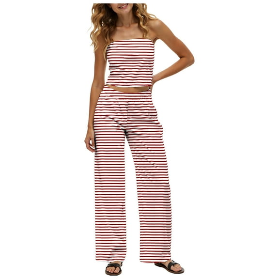 GEWSEY Two Piece Sets For Women Summer Outfits Lounge Sets Striped Tube Top And Pants Matching Sets Beach Vacation Travel (Red, XXL)