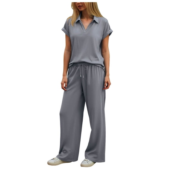 GEWSEY Two Piece Sets for Women Summer Outfits Lounge Sets V Neck Tops Wide Leg Pants Woman Vacation Travel Outfits (Purple, M)