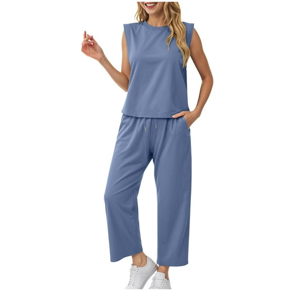 GEWSEY Two Piece Soft Sets for Women Summer Vacation Travel Outfits Business Casual Outfits Matching Sets Women Clothing (Blue, L)