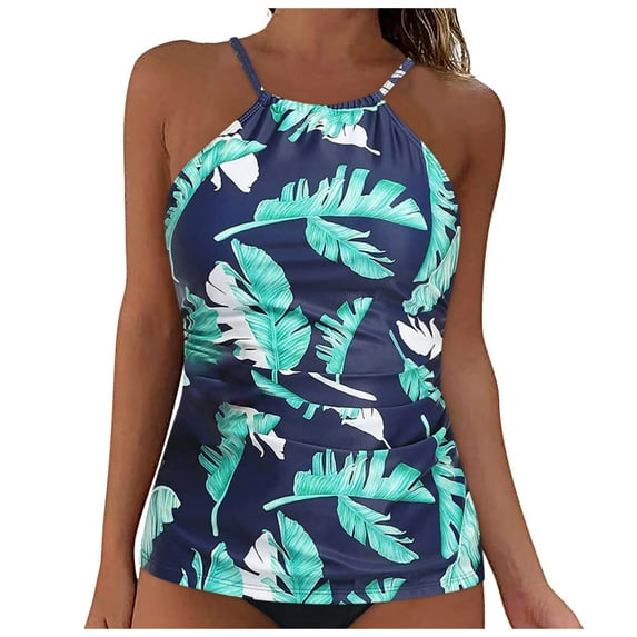 GEWSEY Two Piece Tankini Set Tummy Control Swimsuit for Women High Neck Top with Bottom Bathing Suits Ruched Swimwear Navy, XXL