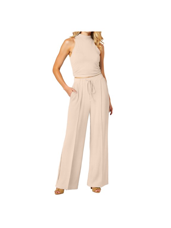 Two Piece sets for Women Halter Tank Backless Crop Tops Foldover Flare Pants Casual Matching Streetwear Outfits (Beige, XXL)
