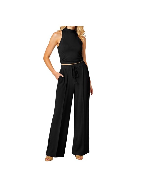 Two Piece sets for Women Halter Tank Backless Crop Tops Foldover Flare Pants Casual Matching Streetwear Outfits (Black, L)