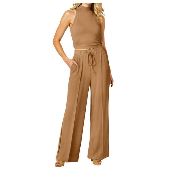 GEWSEY Two Piece sets for Women Halter Tank Backless Crop Tops Foldover Flare Pants Casual Matching Streetwear Outfits (Coffee, L)