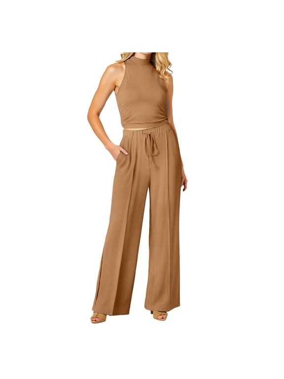 Two Piece sets for Women Halter Tank Backless Crop Tops Foldover Flare Pants Casual Matching Streetwear Outfits (Coffee, XXL)