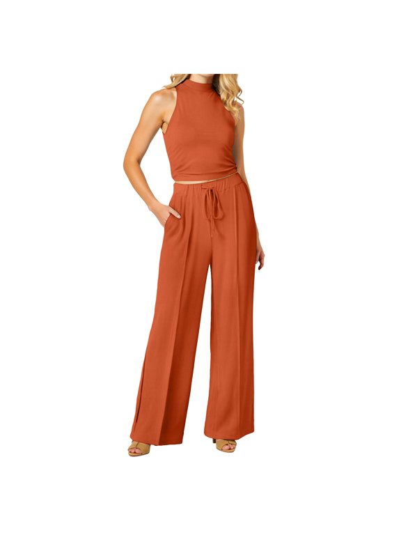 Two Piece sets for Women Halter Tank Backless Crop Tops Foldover Flare Pants Casual Matching Streetwear Outfits (Orange, XL)