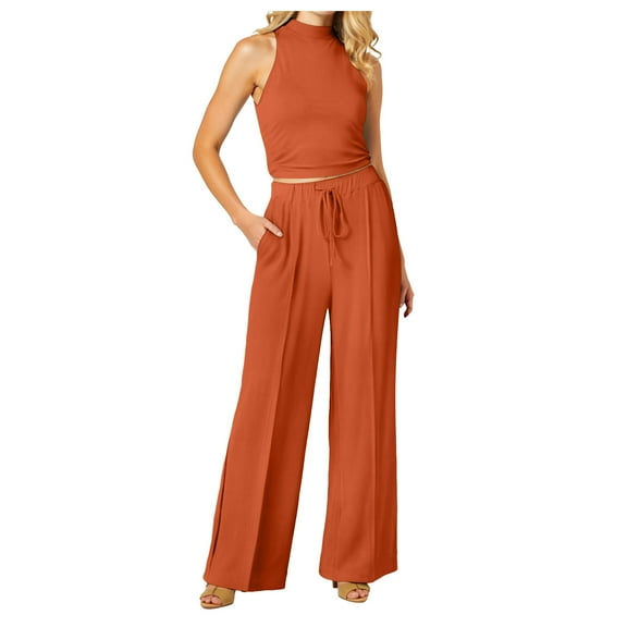 GEWSEY Two Piece sets for Women Halter Tank Backless Crop Tops Foldover Flare Pants Casual Matching Streetwear Outfits (Orange, XXL)