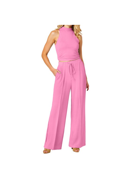 Two Piece sets for Women Halter Tank Backless Crop Tops Foldover Flare Pants Casual Matching Streetwear Outfits (RD1, S)