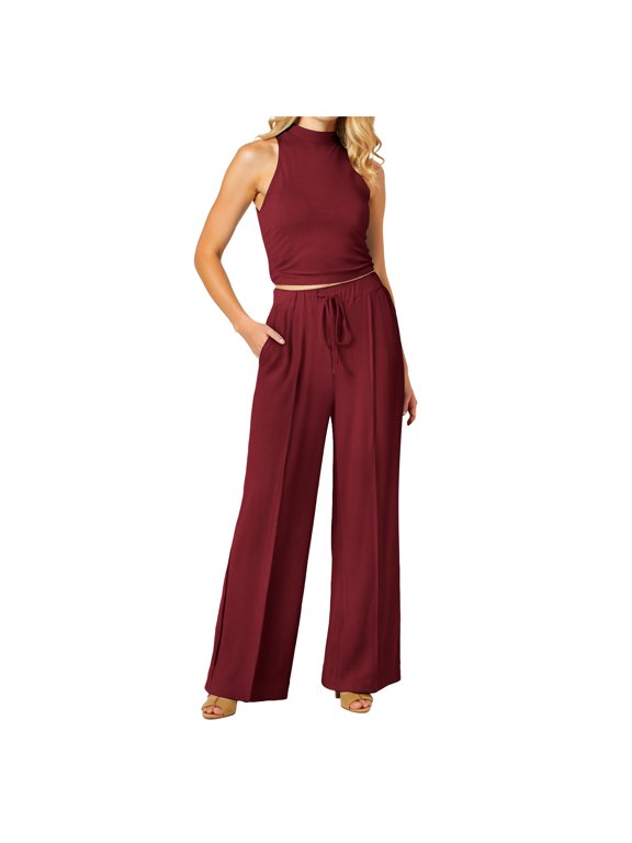 Two Piece sets for Women Halter Tank Backless Crop Tops Foldover Flare Pants Casual Matching Streetwear Outfits (RD2, L)