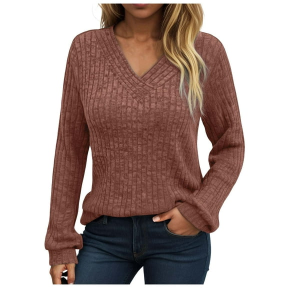 GEWSEY V Neck Long Sleeve Shirts for Women Casual Fall Tops Lightweight Tunic Sweaters Fashion Clothes 2025 (Brown, M)