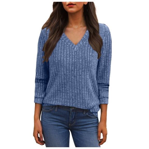 GEWSEY V Neck Long Sleeve Shirts for Women Casual Fall Tops Lightweight Tunic Sweaters Fashion Clothes Loose Fit 2025 (Blue, L)