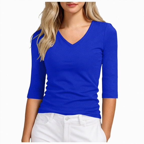 GEWSEY V Neck T Shirts for Women 3/4 Sleeve Cute Tops Casual Three Quarter Length Dressy Blouses Loose Layering Tunic Tops (Blue, 4XL)