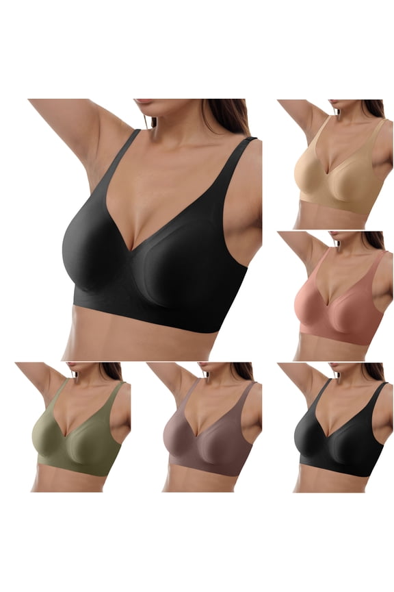 V Neck Wireless Bras for Women No Underwire Lightly Lift Womens Bras Soft Comfort Seamless Bralettes (Khaki, 32A-32C)
