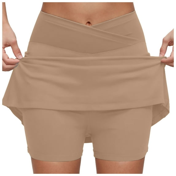 GEWSEY V Waist Tennis Skirts with Shorts Women Golf Skirt High Waisted Athletic Skort with Pockets Casual Mini Skirts (Khaki, XL)