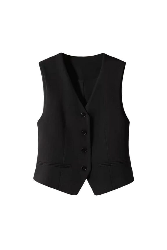 Vintage Lapel Collar Suit Vest Tops for Women V Neck Sleeveless Work Dressy Waistcoat Blazer with Pockets (Black, L)