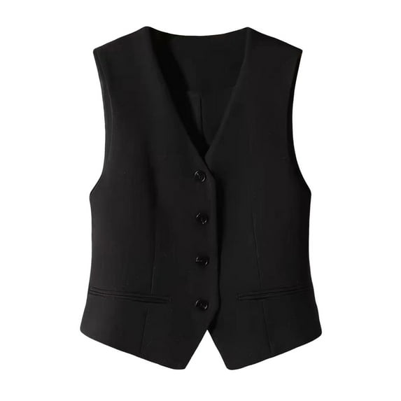 GEWSEY Vintage Lapel Collar Suit Vest Tops for Women V Neck Sleeveless Work Dressy Waistcoat Blazer with Pockets (Black, S)
