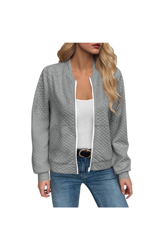 Waffle Knit Bomber Jacket Women 2025 Fall Casual Lightweight Jackets Zip Up Long Sleeve Outerwear with Pockets (Grey, XXL)