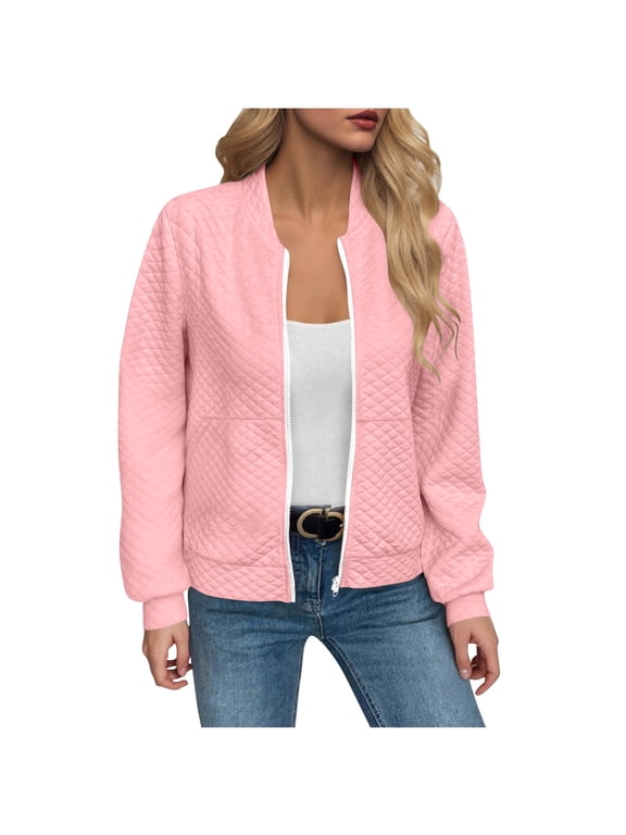 Waffle Knit Bomber Jacket Women 2025 Fall Casual Lightweight Jackets Zip Up Long Sleeve Outerwear with Pockets (Pink, XXL)