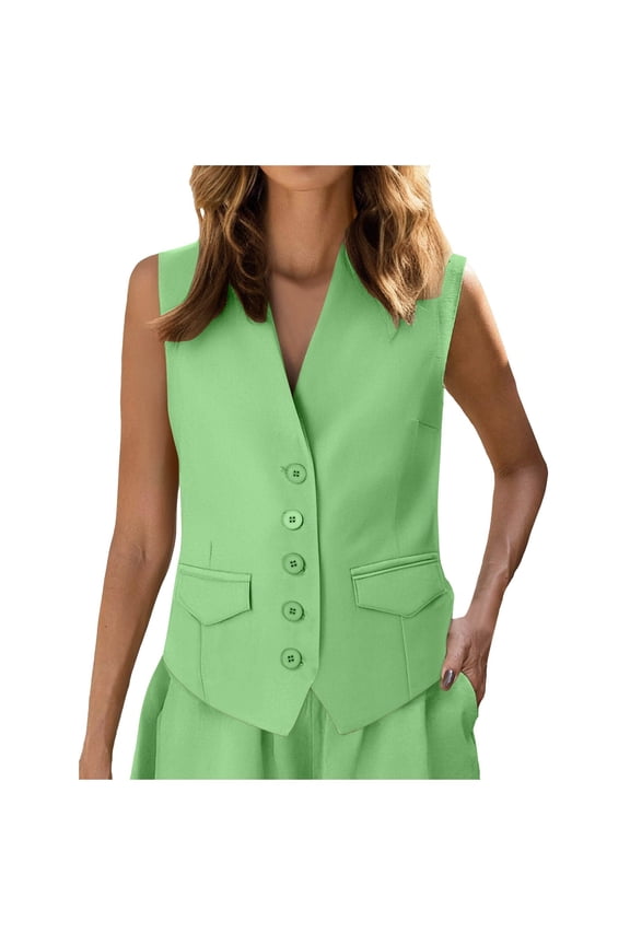 Waistcoat Vest for Women Fully Lined Button Down V Neck Formal Dressy Suit Vests with Pockets (Light Green, S)