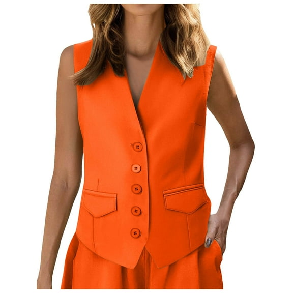 GEWSEY Waistcoat Vest for Women Fully Lined Button Down V Neck Formal Dressy Suit Vests with Pockets (Orange, S)